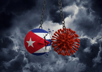 Virus microbe smashing into Cuba flag ball. 3D Render