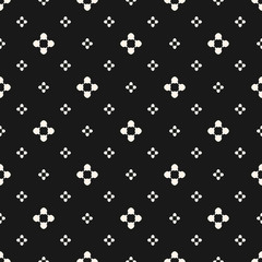 Simple floral texture, vintage geometric pattern with small flower silhouettes. Vector abstract monochrome background. Dark repeat design for decor, wallpaper, package, covers, fabric, digital, web