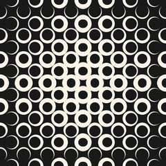Vector geometric halftone seamless pattern with circles, squares, dots. Abstract texture in black and white colors. Background with radial gradient transition. Optical illusion. Trendy modern design