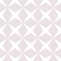 Fototapeta na wymiar Subtle vector seamless pattern with diamond shapes, rhombuses. Simple minimalist geometric background, repeat tiles. Abstract texture in white and pale pink colors. Elegant decorative ornament design