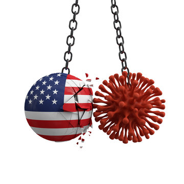 USA ball smashes into a virus disease microbe. 3D Render