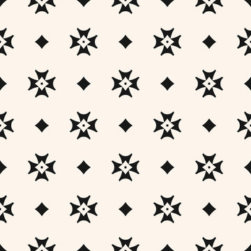 Gothic vector seamless pattern with small crosses, diamond shapes, stars, rhombuses. Simple geometric background. Abstract black and white texture, repeat tiles. Elegant retro ornament. Endless design