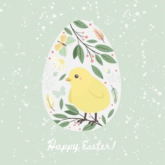 Happy easter design element. Egg with chick and flower, leaves, butterfly. Vector set