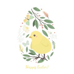 Happy easter design element. Egg with chick and flower, leaves, butterfly. Vector set