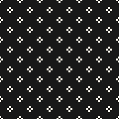 Vector minimalist floral geometric seamless pattern. Simple black and white texture with small crosses, squares, flower silhouettes. Pixel art background. Dark minimal repeat design for decor, covers
