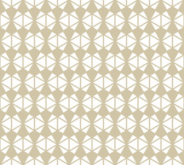 Vector golden abstract geometric seamless pattern. Simple white and gold ornament texture with triangles, diamond shapes, net, grid, lattice, triangular mesh. Luxury modern background. Repeat design