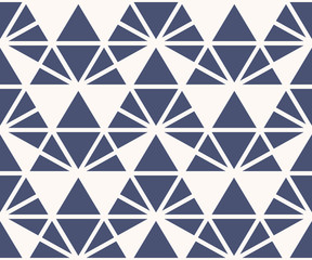 Triangles pattern. Vector abstract geometric seamless texture. Deep blue and white color. Simple minimalist graphic background with triangles, pyramids, grid, net. Modern minimal repeatable design