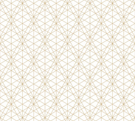 Texture de lignes dorées de vecteur. Motif géométrique abstrait sans couture avec grille délicate, treillis, filet, fines lignes diagonales, losanges, triangles. Fond minimal blanc et or. Conception de répétition à la mode