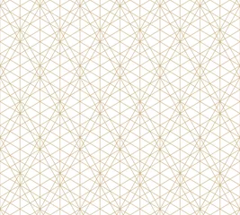 Stof per meter Vector gouden lijnen textuur. Abstracte geometrische naadloze patroon met delicate raster, rooster, net, dunne diagonale lijnen, ruiten, driehoeken. Witte en gouden minimale achtergrond. Trendy herhalingsontwerp © Olgastocker