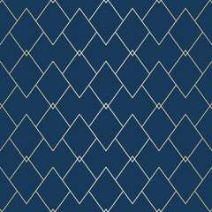 Vector golden geometric texture. Elegant seamless pattern with thin lines, diamonds, rhombuses. Abstract dark blue and gold graphic ornament. Art deco style linear background. Luxury repeat design