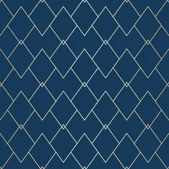 Wallpaper murals Rhombuses Vector golden geometric texture. Elegant seamless pattern with thin lines, diamonds, rhombuses. Abstract dark blue and gold graphic ornament. Art deco style linear background. Luxury repeat design
