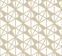 Golden vector geometric seamless pattern with triangles, rhombuses, grid, net, triangular mesh. Elegant gold and white texture. Abstract minimal background. Repeat design for decor, wallpapers, print