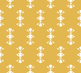 Vector geometric seamless pattern. Tribal ethnic style texture. Abstract graphic ornament in mustard yellow and white color. Simple minimalist background with rhombus shapes. Repeat decorative design