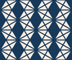 Triangles seamless pattern. Vector abstract geometric texture in deep blue and beige color. Simple graphic background with triangles, rhombuses, grid, lattice, net, zig zag stripes. Repeated design