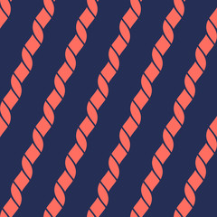 Vector seamless pattern with diagonal ropes. Nautical maritime style geometric texture. Trendy colors, dark blue and living coral. Simple abstract repeat background. Design for decor, textile, fabric