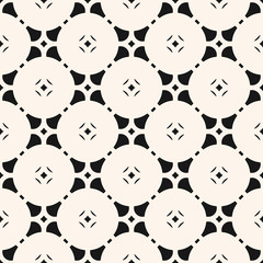 Vector geometric seamless pattern with floral shapes, round grid, net, mesh, lattice. Simple abstract black and white background. Elegant monochrome ornament texture. Repeat design for decor, textile
