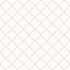 Vector geometric floral seamless pattern with delicate grid, net, mesh, lattice, small flower shapes. Subtle abstract lilac and white background. Elegant ornament texture. Fine minimal repeat design