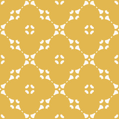 Elegant abstract floral seamless pattern. Yellow and white geometric ornament. Simple background with flower silhouettes, curved shapes, grid, net, repeat tiles. Luxury ornament. Oriental style design