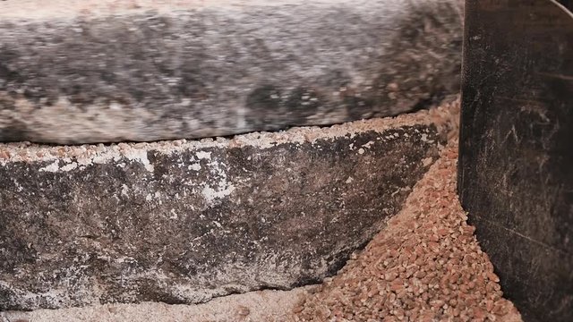 Close-up footage a process of grinding grain on an old millstone of medieval hand-driven millstone grinding wheat. The ancient Quern stone hand mill with grain. A miller grinds the grain into flour