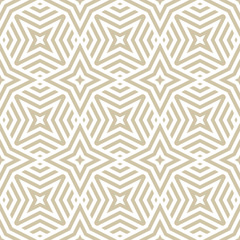 Golden vector geometric lines seamless texture. Modern abstract linear pattern. Stylish gold and white graphic background with stars, diamonds, stripes, diagonal lines, repeat tiles. Luxury geo design
