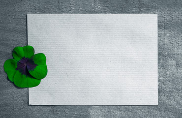 Vierblättriges Kleeblatt mit Karte Hintergrund Holz grün monochrom