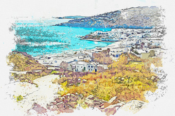 Watercolor drawing of Mykonos Island landmarks of Greece . - obrazy, fototapety, plakaty