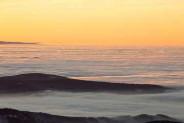 view to sunrise with inversion from the higest mountain of Czech Republic- Snezka.