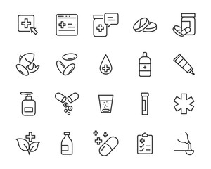 set of medicine icons, pharmacy, drug store, capsule