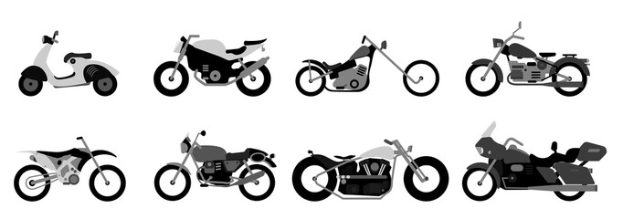 Set of motorcycle or motorbike, bike or extreme cycle. Retro street scooter and modern cruiser or moped. Collection transports for road racing.