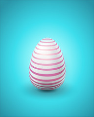Easter egg with pink stripes on a blue background, the concept of modern Easter.	