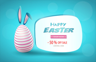 Easter egg in pink stripes with rabbit ears next to the sign for sale, on a blue background, the concept of modern Easter.