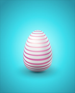 Easter egg with pink stripes on a blue background, the concept of modern Easter.	