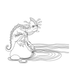 reptile mutant with a human face, monster, space alien, on a stone rock on the ocean shore, vector illustration with black contour lines isolated on a white background in doodle and hand drawn style