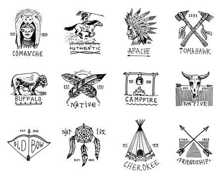 Indian badges and native american labels. Set of elements. Hand drawn engraved vintage buffalo, axes and tent, arrows and bow, skull, dreamcatcher and cherokee, tomahawk.