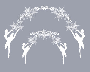 elegant ballerina girl and snowflakes arch decor - ballet dancer decorative vector silhouette