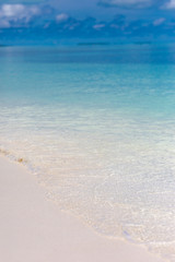 Fototapeta na wymiar Soft wave of ocean on sandy beach, copy space, background.