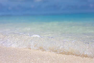 Wave of the sea on the sand beach. Tropical shore, waves splashing