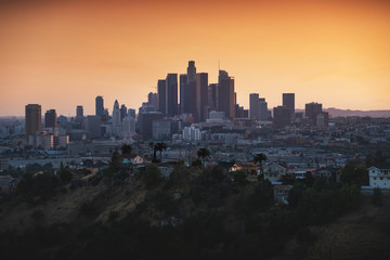Los Angeles downtown silhouette at sunset. LAX most famous city of california. Typical view of the Los Angeles.