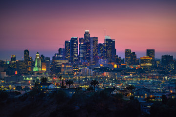 Los Angeles downtown silhouette at sunset. LAX most famous city of california. Typical view of the...