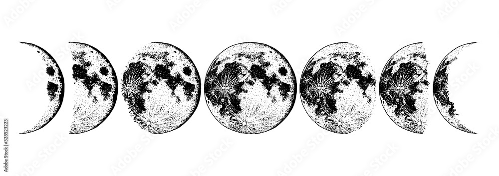 Wall mural moon phases planets in solar system. astrology or astronomical galaxy space. orbit or circle. engrav