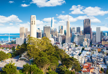 San Francisco downtown with Coit Tower in foreground. California famous city SF. Travel destination USA - obrazy, fototapety, plakaty