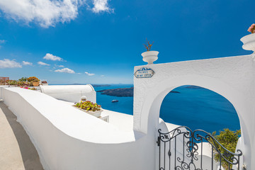 Beautiful terrace in Santorini with breathtaking view. Luxury vacation and summer travel...