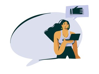 Hand drawn vector stock abstract graphic illustrations with young girl holds a laptop computer in her hands and speech bubble space isolated on white background