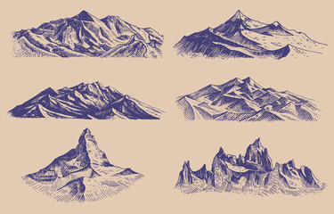 Mountains peaks and climbing hill. Hand drawn Vintage old sketch. Set of elements in engraved style. Alpine high elevations for hiking posters, tattoos or t-shirts. © artbalitskiy