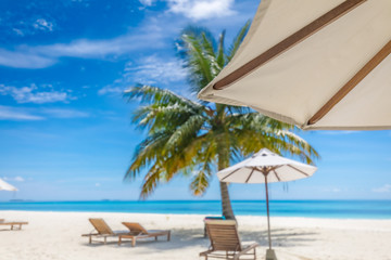 Loungers, chairs, beds with umbrella and palm tree on white sand close to blue sea. Amazing summer travel and vacation landscape. Tropical nature pattern, luxury beach scenery, exotic landscape 