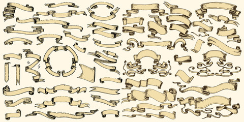 Set of ribbons. Vintage banners, Vector Collection. Elements for book, Background or poster. Hand drawn old design, Badge. Engraved calligraphic part for your sign. © artbalitskiy