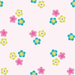 Fototapeta na wymiar Trio of small flowers seamless vector pattern background. Groups of multicolor blooms tropical backdrop. Modern drawn floral illustration. All over print for summer vacation and wedding resort concept