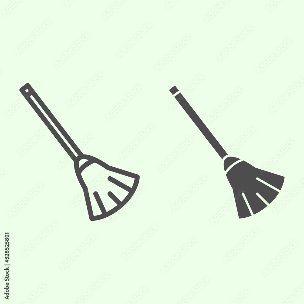 Poster witch broom line and solid icon. magic broomstick with flat wooden handle outline style pictogram on