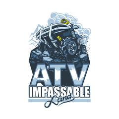 Logo with ATV and racer on top of cliff in cartoon style with beautiful inscriptions. © slava