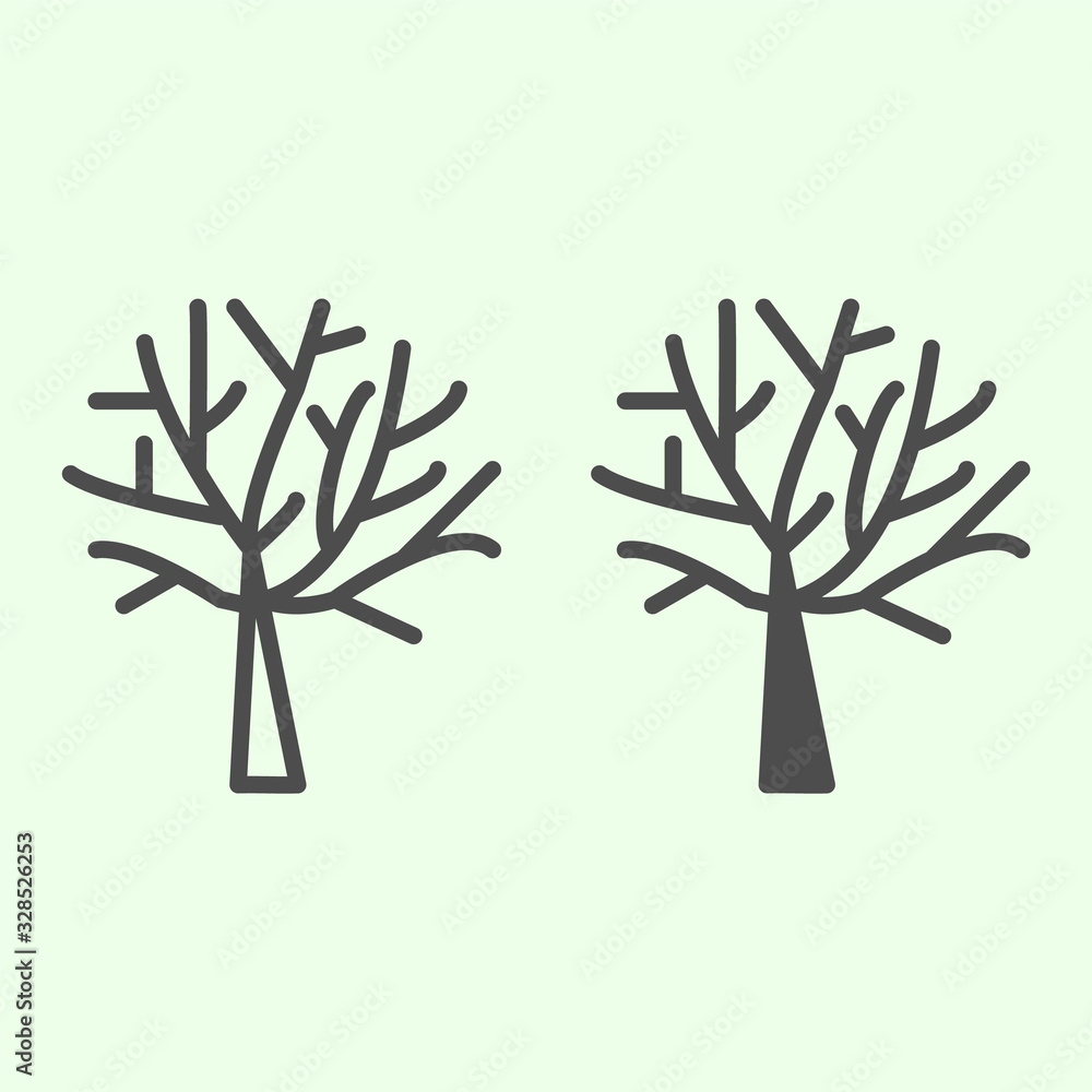 Poster bare tree line and solid icon. halloween dead leafless plant outline style pictogram on white backgr